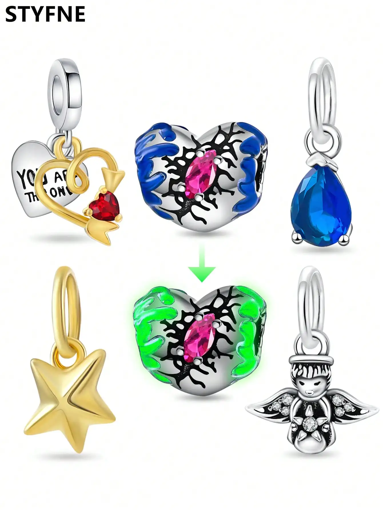 Dijes Plata estrella dorada brillante monstruo corazón cuentas Chapado en plata dijes pulsera Original para fabricación de joyería DIY encanto