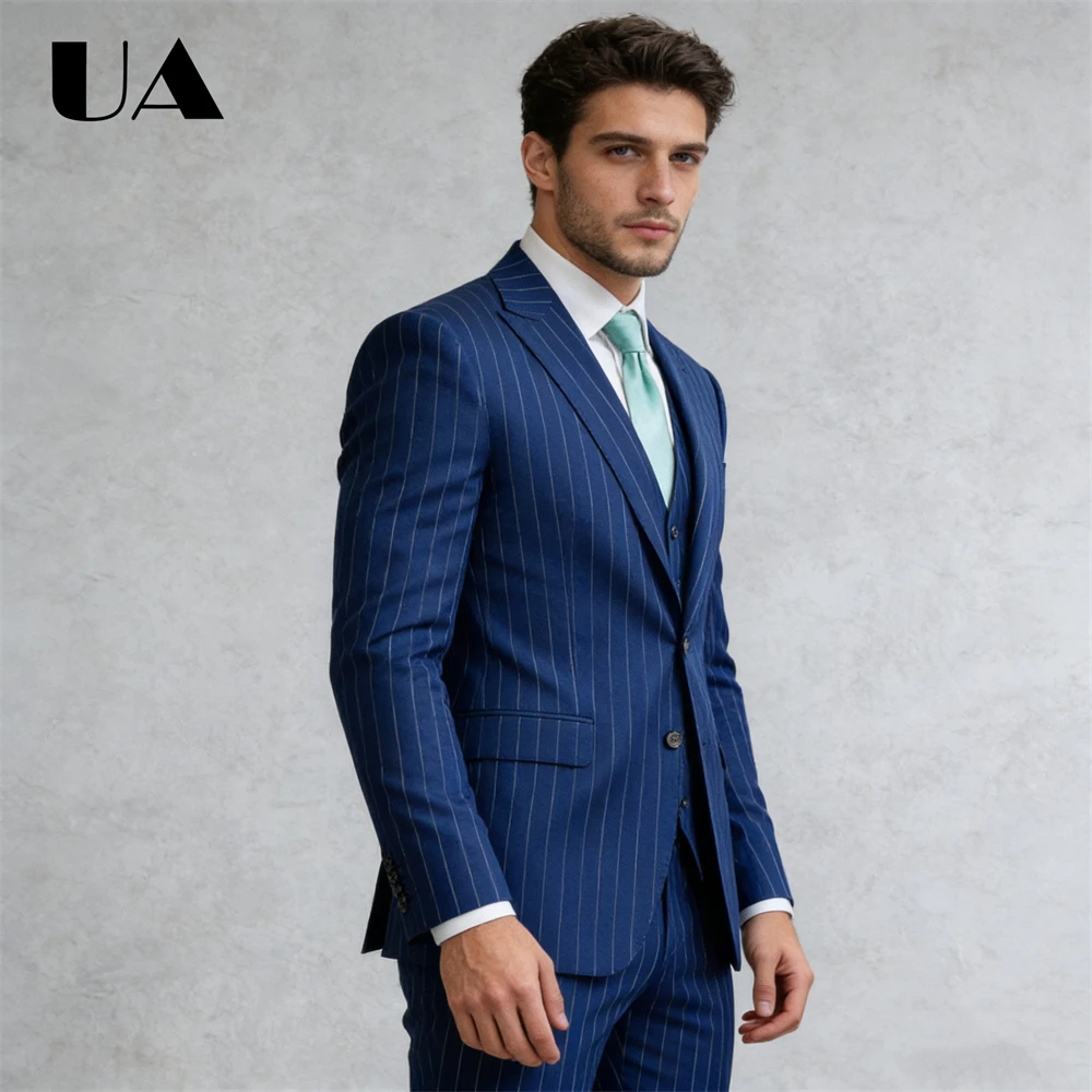 Business 3-Piece Suit Set, Navy Striped Formal Suit (Jacket Pants Vest) XXS-7XL Tuxedo Blazer Trouser Prom Suit Attire