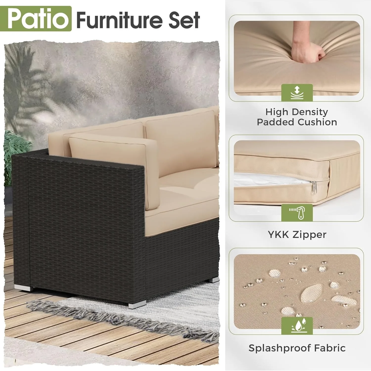 Conjuntos de móveis ao ar livre do pátio, sofá secional do vime do Rattan, mesa de café de vidro moderno, assento lavável, preto, 7 pcs