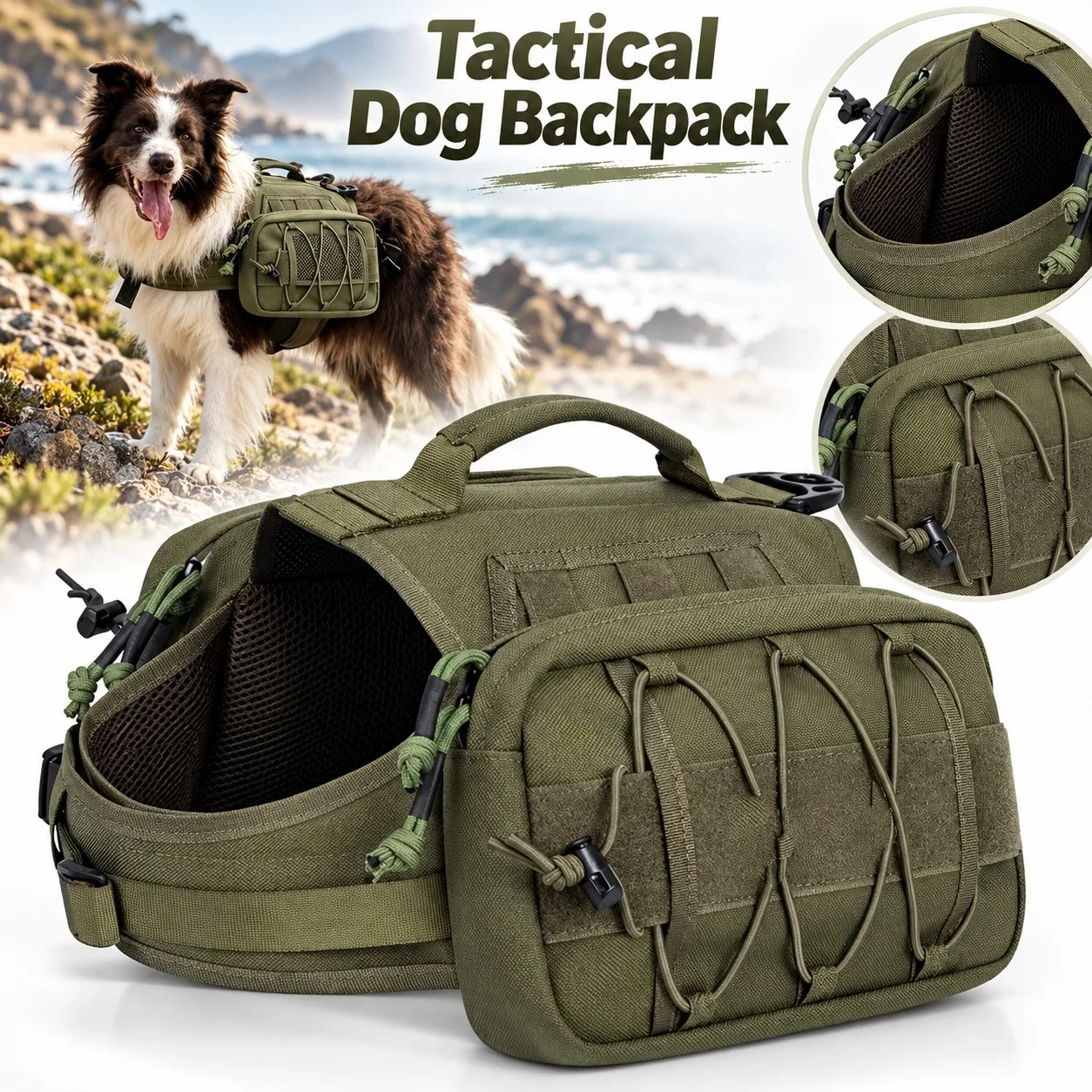 Tactical Dog Backpack K9 Harness with Storage Pouches for Large Dogs Outdoor Hiking Camping Travel Walking Adventure Pet Gear
