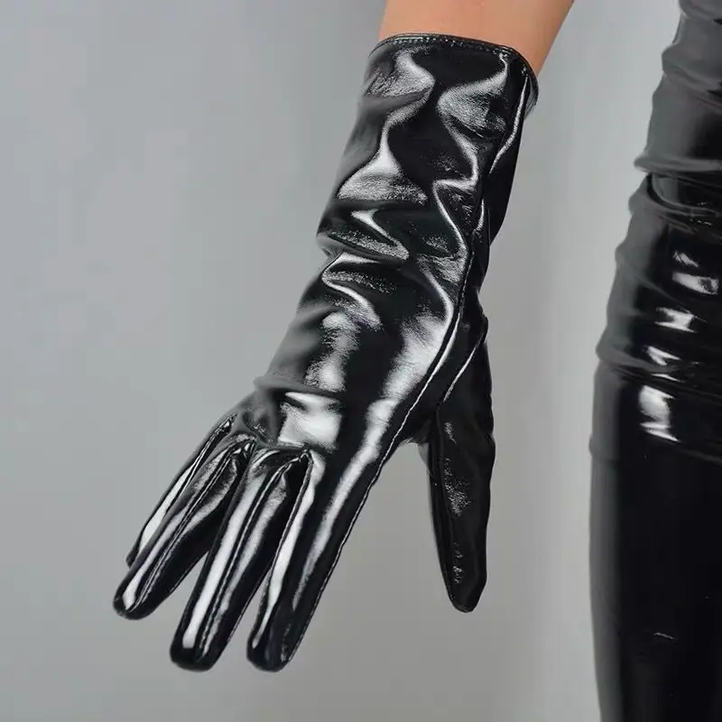 70cm Patent Leather Gloves Female Shiny Black Faux Real Leather PU Performance Photo Shoot Cosplay Women Gloves PU70-1