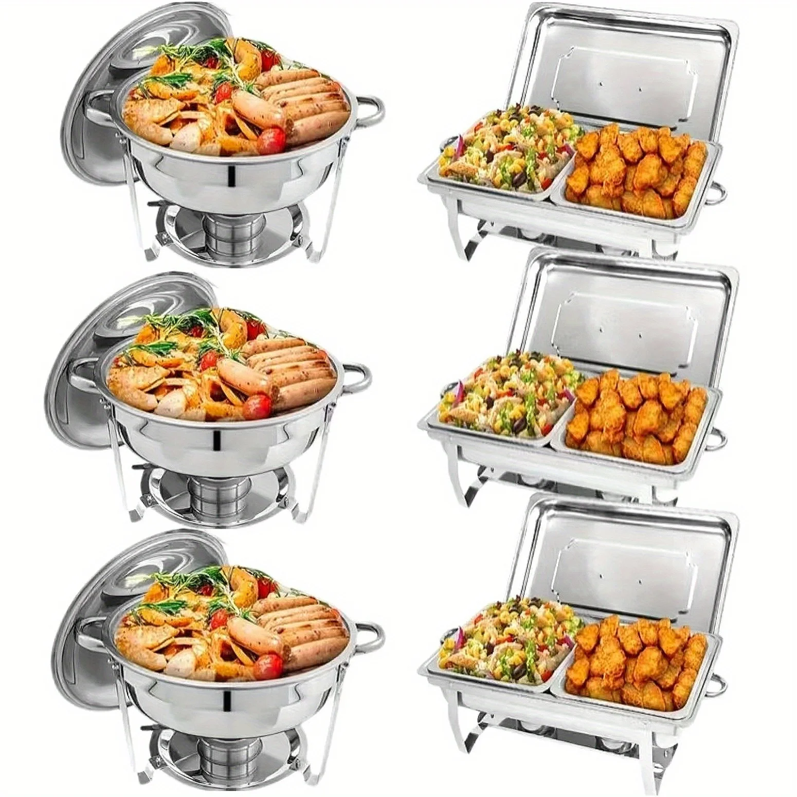 

Набор из 6 шведских столов для жары, набор подогревателей еды из нержавеющей стали с крышками, кастрюлями, поддонами для воды и держателями топлива для ресторана