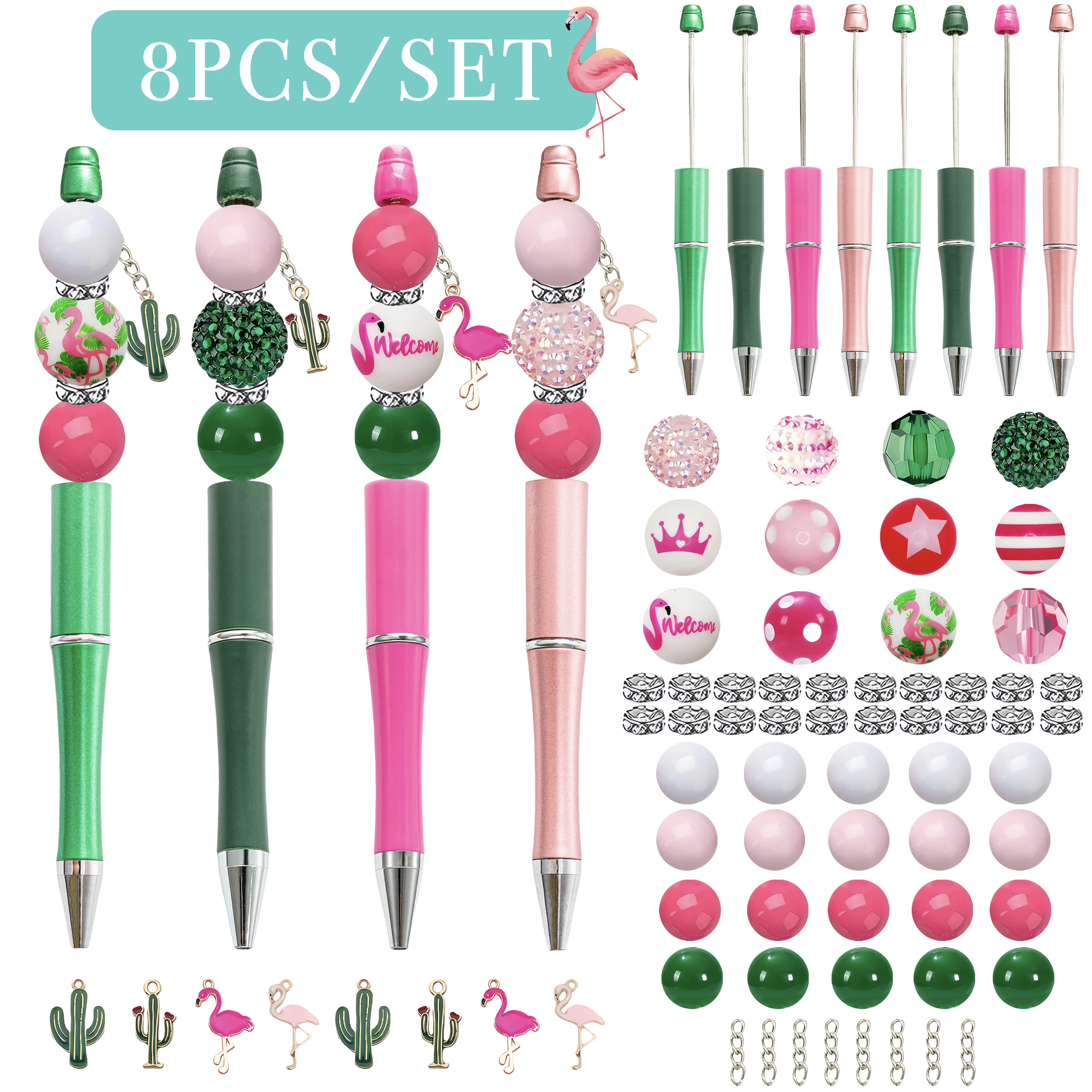 

8PCS/16PCS Flamingo Animal Themed DIY Bead Ballpoint Pen Acrylic Bead Pendant Set, Paired with Flamingo Cactus Pendant