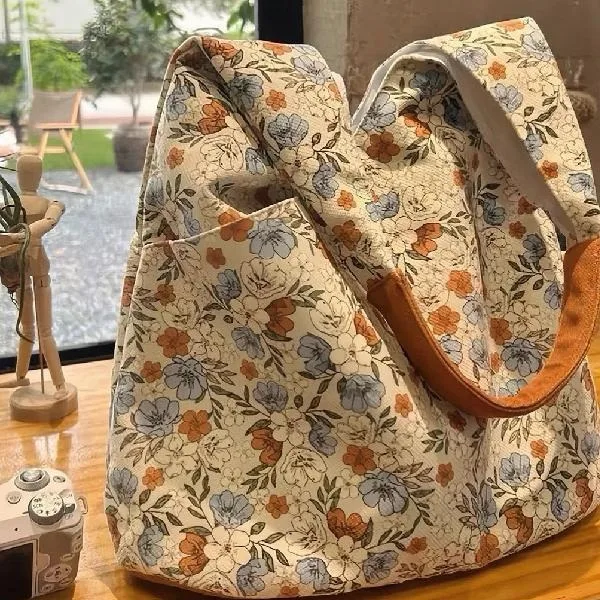 Floral canvas shoulder bag high value versatile retro large capacity tote bag