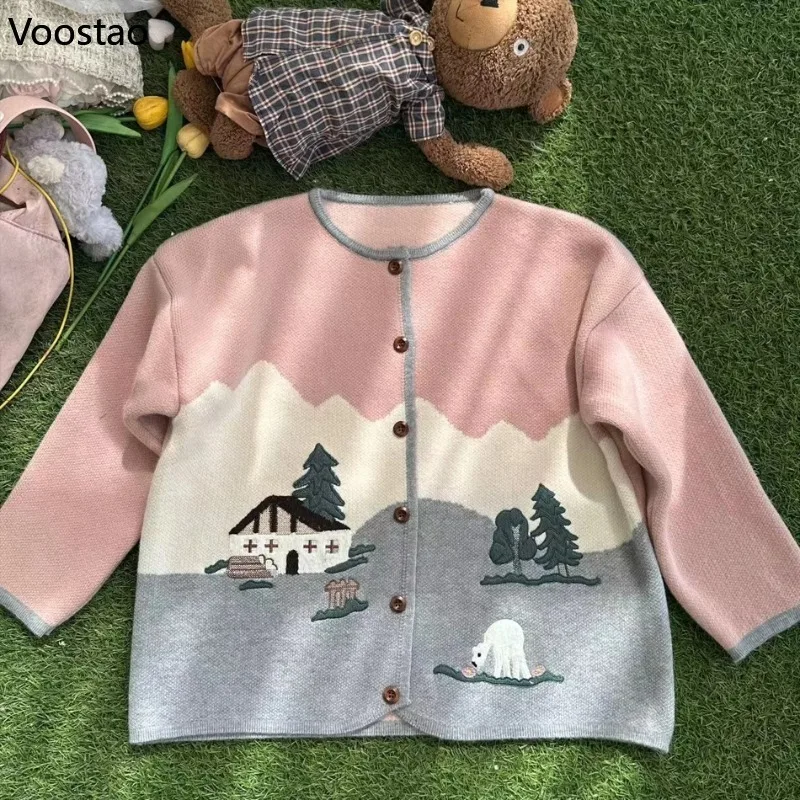 Mori Girl Style Sweet Knitted Cardigans Women Contrast Color Loose Single Breasted Cartoon Sweater Harajuku Female Cute Jacket