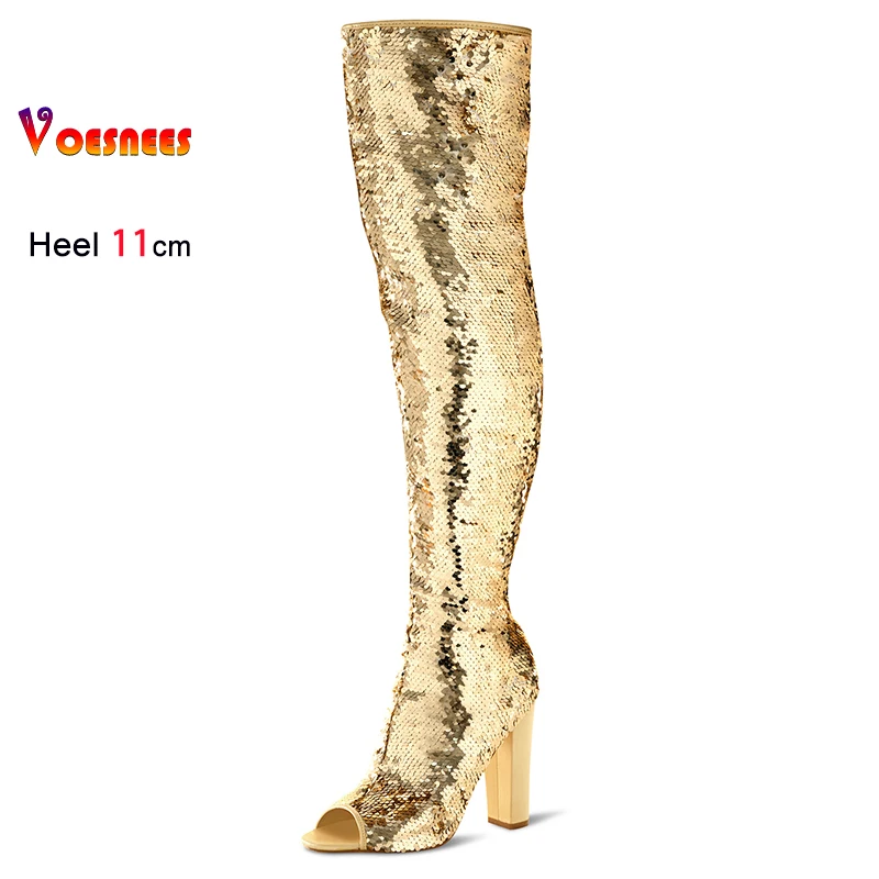 Voesnees Größe 36-43 Damen Peep Toe Stiefel Europa und Amerika T Show Model Oberschenkelhohe Schuhe Overknee 11CM High Heels Pailletten Lange Stiefel 6