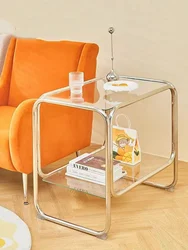 Nordic style double-layer storage stainless steel coffee table storage corner table small sofa furniture glass side table