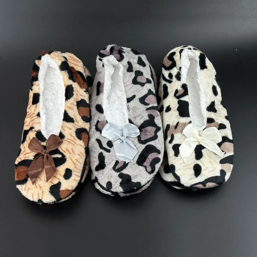 Winter Warm Slipper Women Bow Knot Leopard Fur Plush Anti Skid Grip Cute Funny Indoor Home House Fluffy Female Floor Shoes