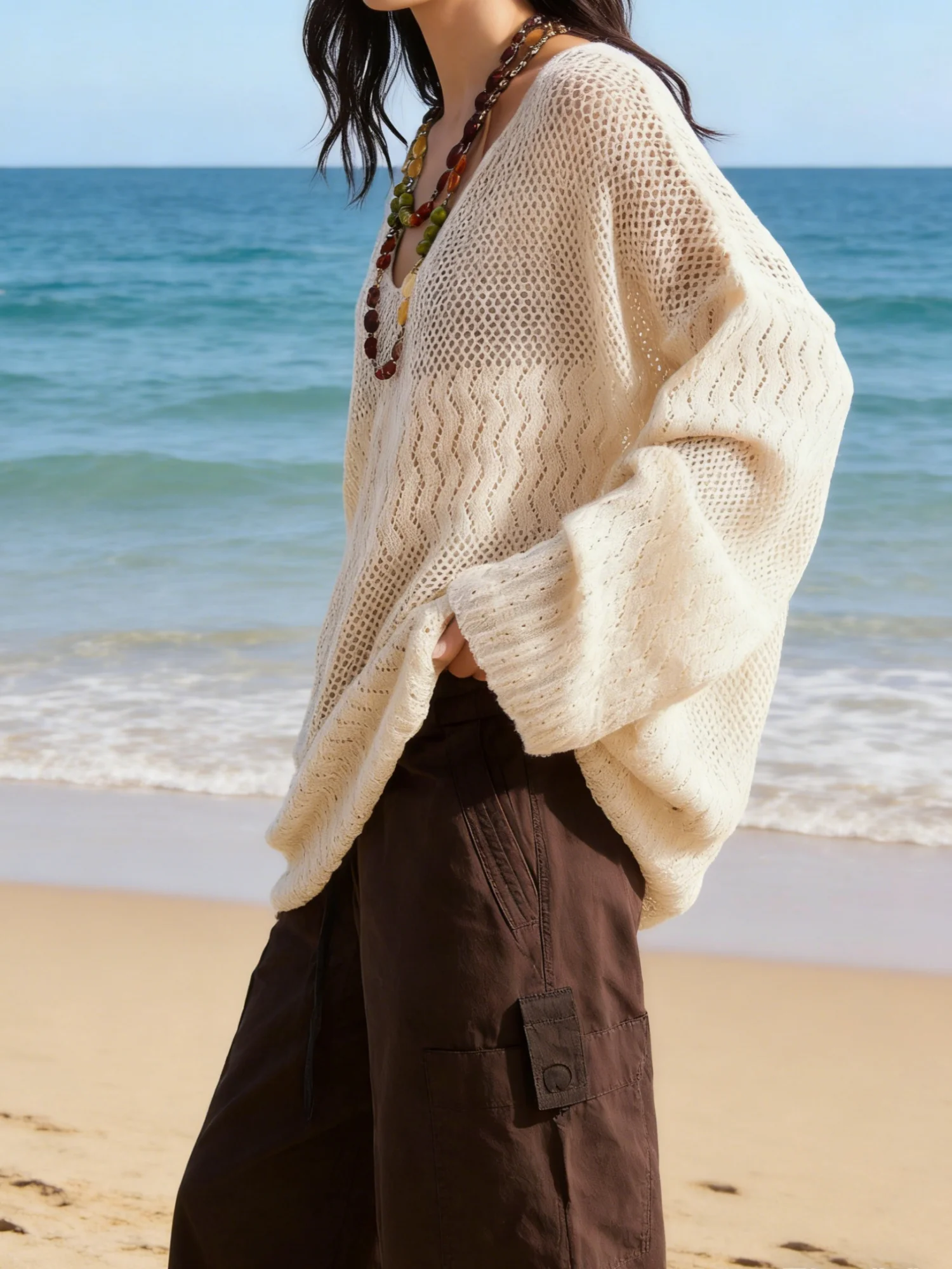 Women's plus size casual vacation summer solid color hollow knitted long sleeved knitted pullover sweater image 3