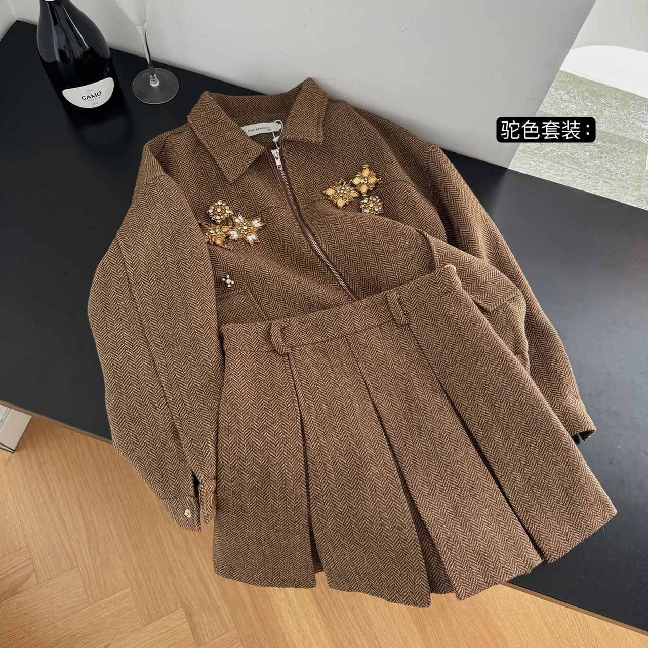 Winter Dames Trendy Maillard Shoujo Vintage Oud Geld Elegant Design Outfits 2-delige set Jas met lange mouwen + Mini-plooirok