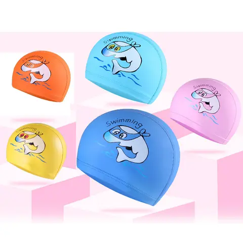 Children's Swimming Cap Waterproof Ear Protection Pu Cap Boys and Girls Cartoon Swimming Cap Hair Protection Comfortable Swimming
