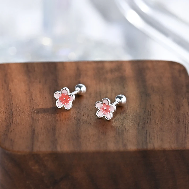 Fashion Pink Enamel Cherry Blossom Earring Women\'s 925 Sterling Silver CZ Flower Stud Earrings Valentine\'s Day Gift Jewelry