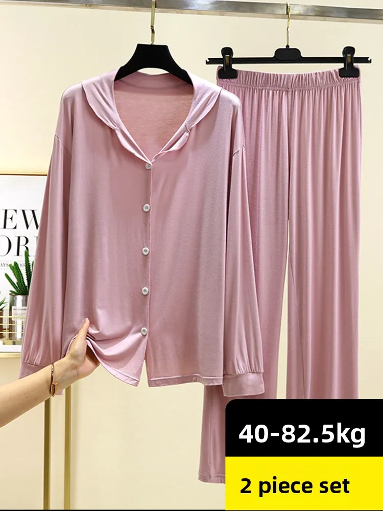 Modal longo sve spwear conjunto feminino primavera verão leve casual solto ajuste casa roupas de duas peças conjunto botão frontal