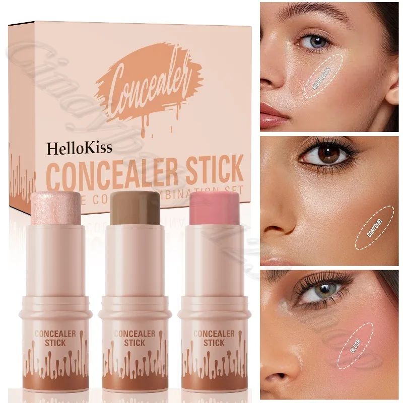 HelloKiss-palo de fijación facial multifunción, ilumina el contorno facial tridimensional, colorete, resaltador, 3 unids/caja