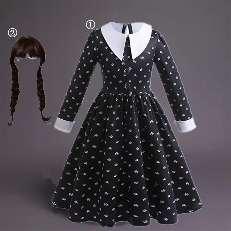 Girl Wednesday Costume Kids Addams Cosplay Black Princess Dress Child Pageant Dinner Dress Girls Halloween Party Dancing Clothes