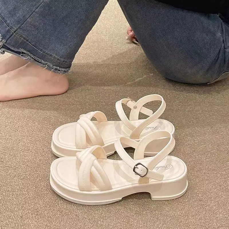 Romantic Thick Heel Sandals Women's Summer Trendy Vintage Roman Beach Slippers Cross Buckle Hollow out Slip-On PVC Material