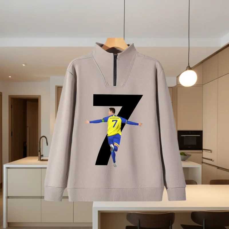 High-End Heavyweight Pure Cotton Sweatshirt for Men and Women, Couple Style, Autumn and Winter Stand-Up Collar Workwear, Employee Long-Sleeve Printed T-Shirt, Football Sports Top
