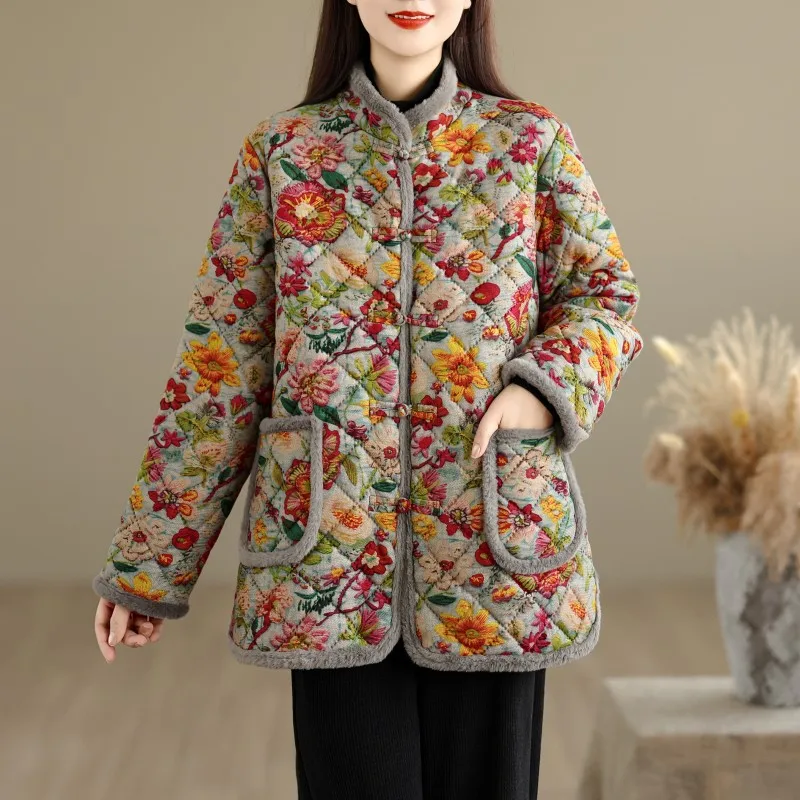 Loose Fleece Lined Stand Collar Print Shirt Button up Chinese Style Women's Cotton Jacket Outerwear for Autumn Winter