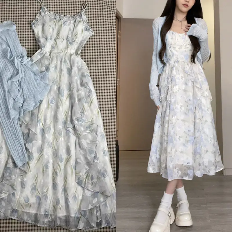 Ele الأزهار طباعة Strapl Dr المرأة الصيف جديد Sle طويل Sve سترة ملابس خارجية قطعتين مجموعة التخسيس إخفاء