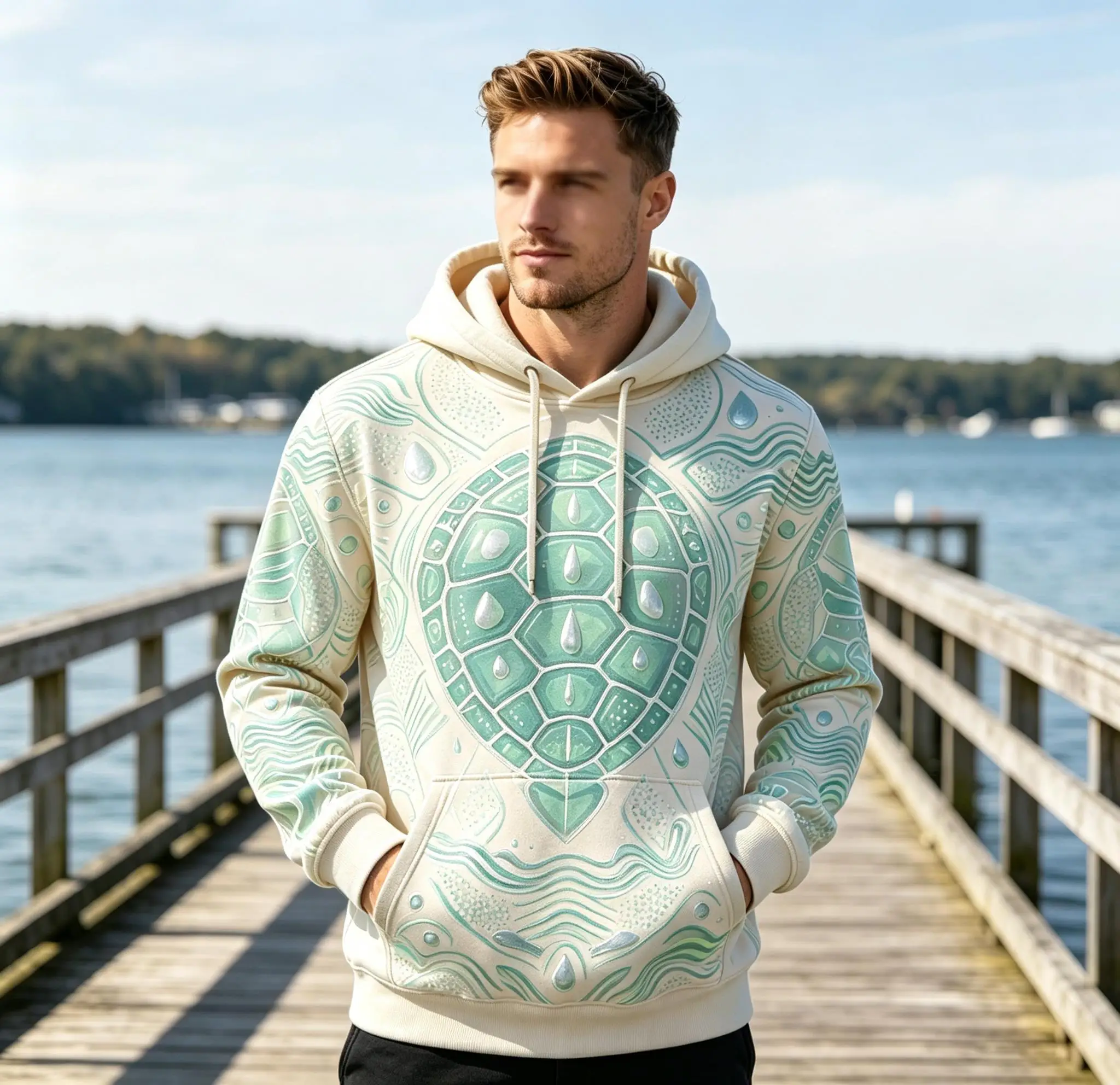 Men Fleece Lined Hoodie Teal Tribal Sea Turtle Shell Wave Print Drawstring Pullover Sweatshirt