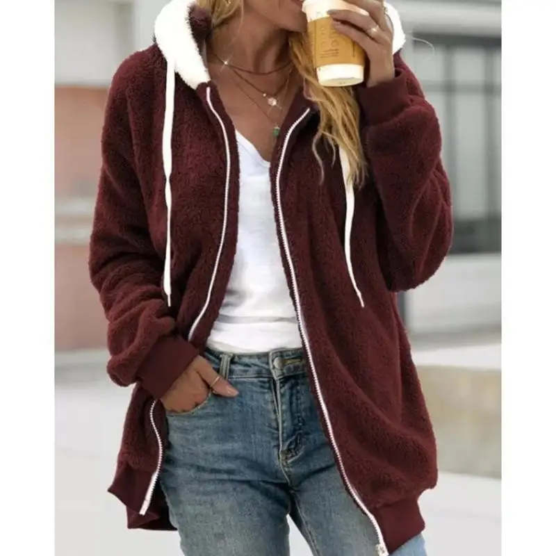 652F Frauen Mit Kapuze Mantel Mit Reißverschluss Einfarbig Sweatshirt Casual Lose Stil Hoodie