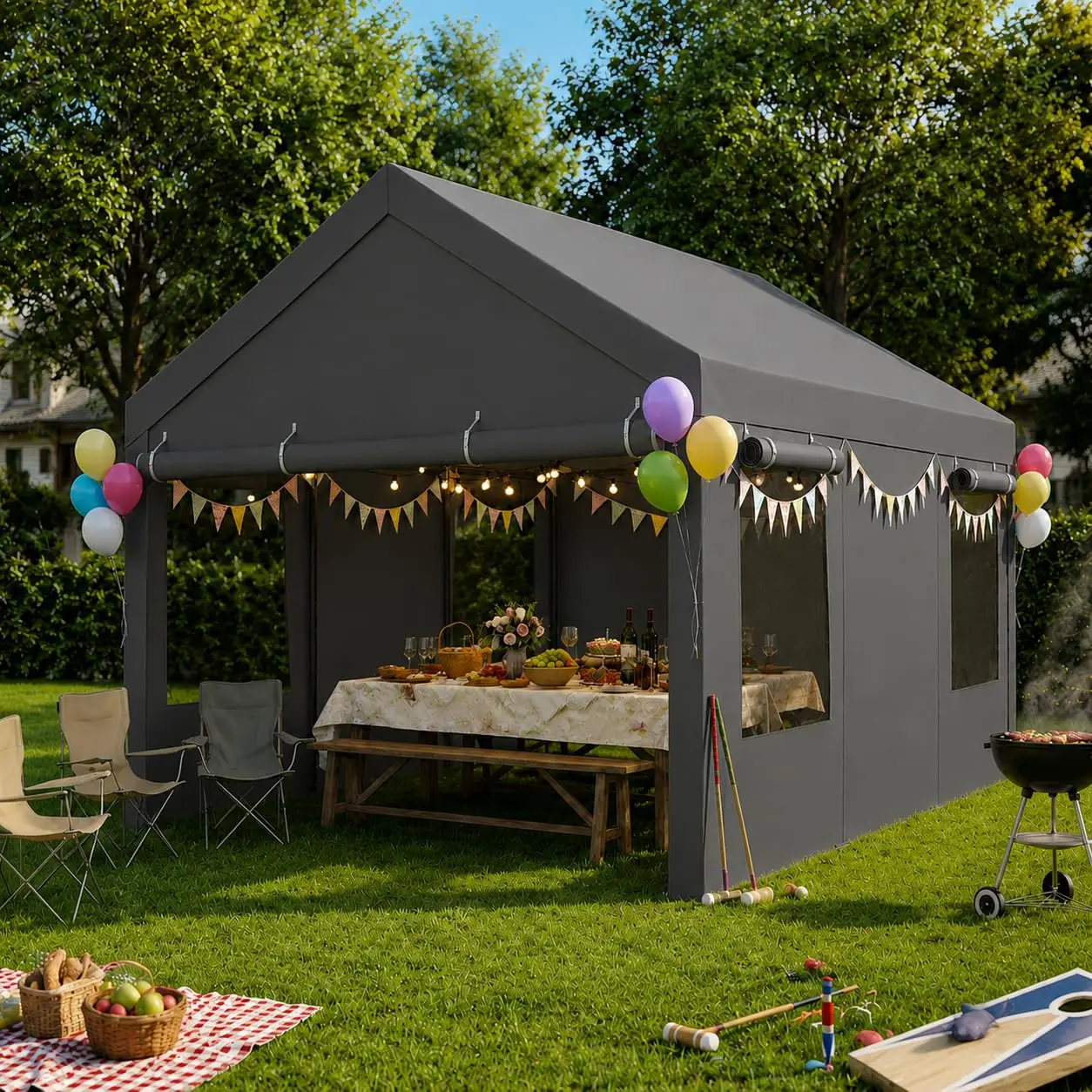 8 Reinforced Legs, 180g PE Tarp, Roll-Up Windows, Removable Sidewalls, UV Resistant, 1.5
