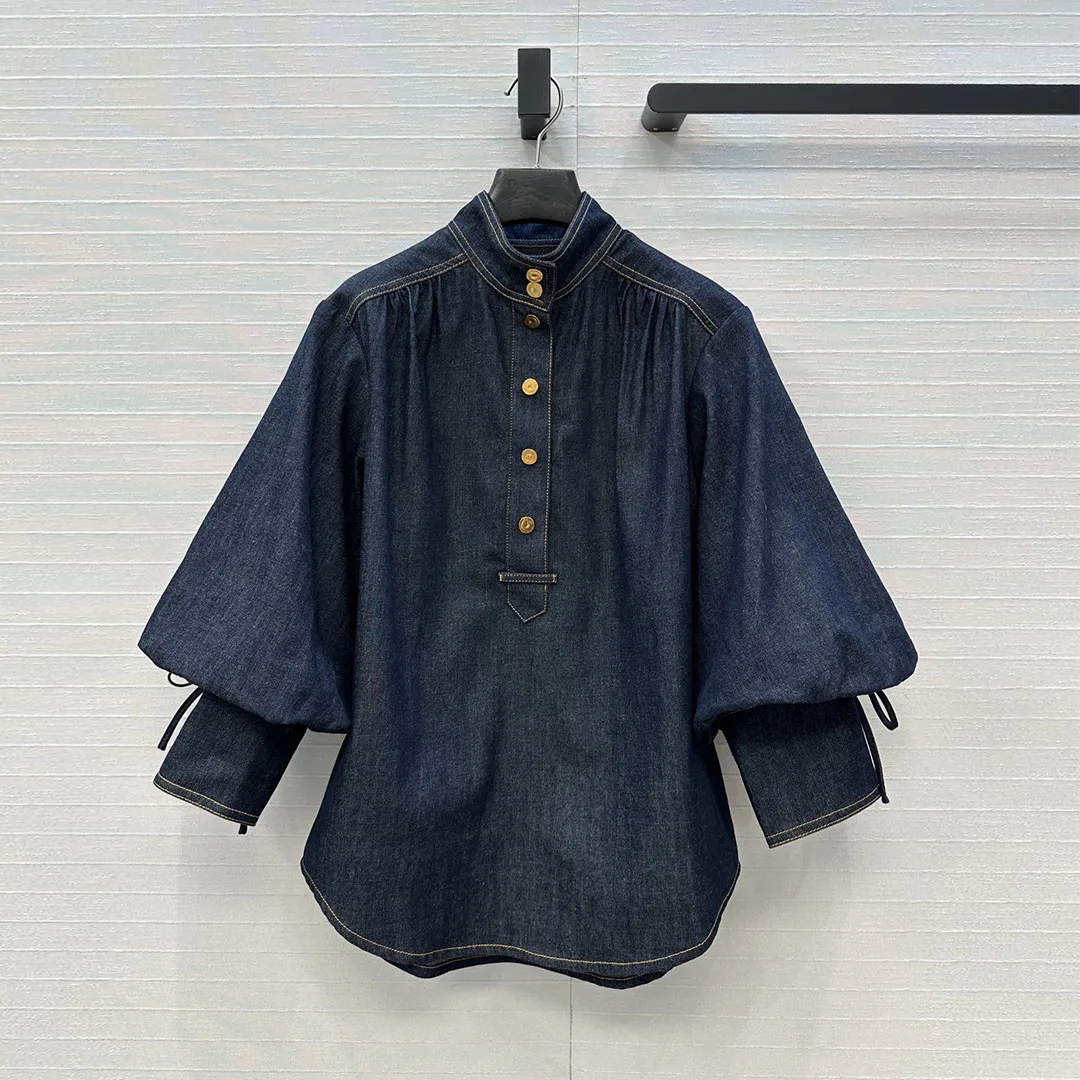 

New Spring Vintage Loose Navy Denim Shirt Women Stand Collar Gold Buttons Lantern Three Quarter Boho Style Solid Color Blouse