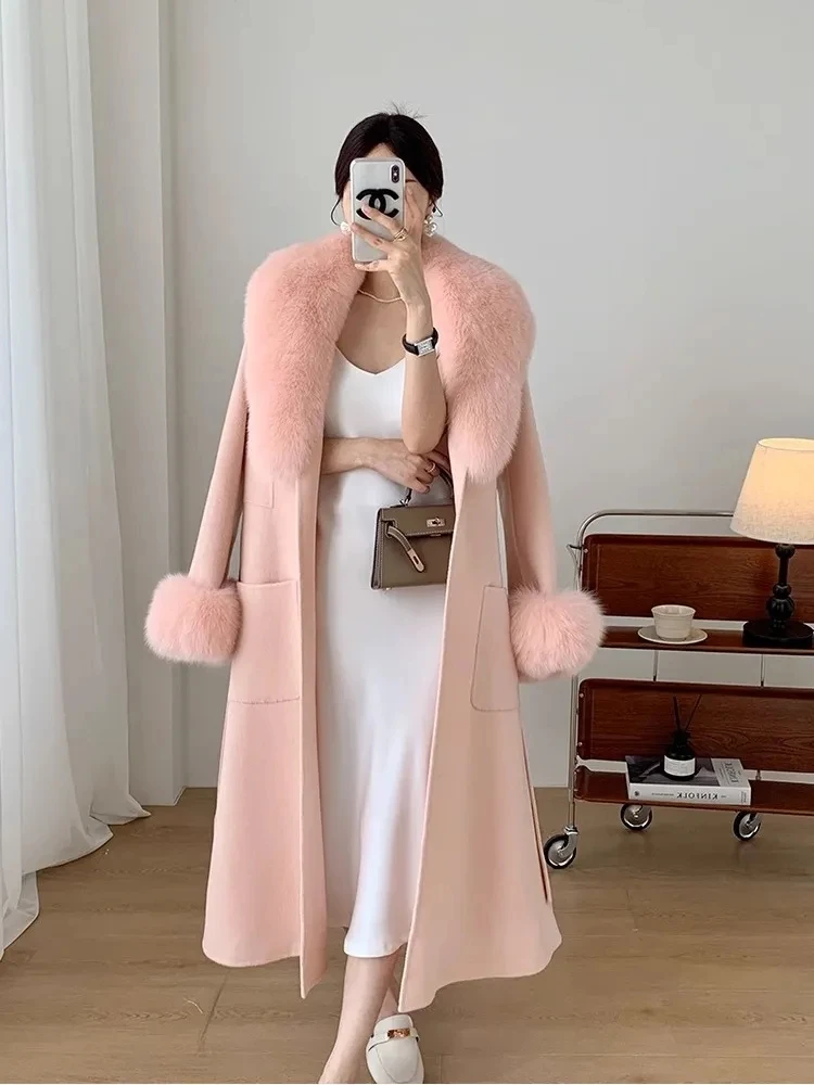 2024Winter New Temperament Famous Lady Waist Coat Mid Length  Knee-high Fashion Imitation Big Fox Fur Collar Woolen Jacket Woman