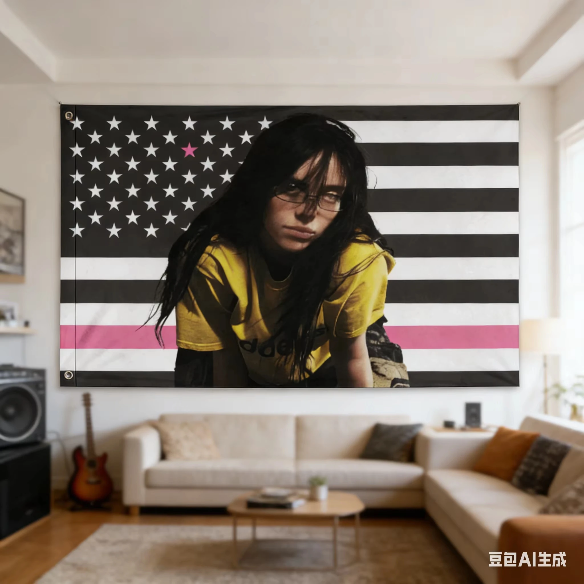 Billie Eilish Wandteppich mit amerikanischer Flagge, schwarz-weiß-rosa Sternmuster-Wandbehang, Raumdekoration für Musikfans