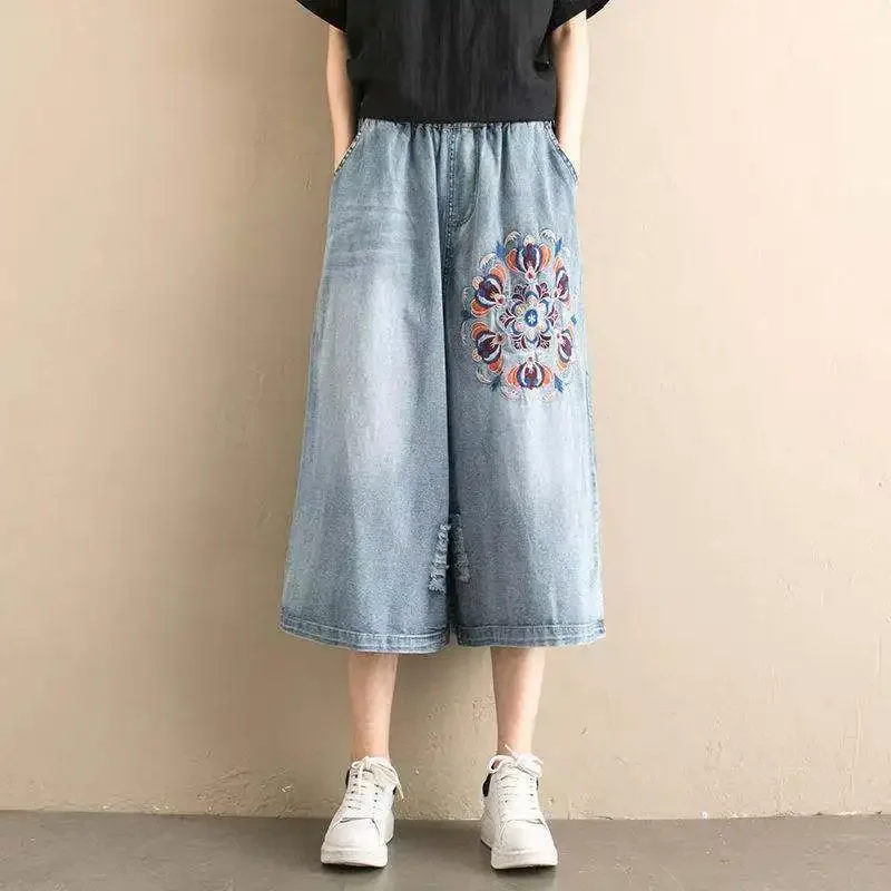 Women Wide-legged Pants Denim Short Pants  Embroidery Casual Trouser Woman Clothing High Waisted Loose Fit Casual Solid Design