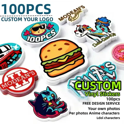 100pcs Custom Stickers Vinyl Waterproof Die Cut Logo Design Brand Laptop Cute Personalized Sticker Glossy Film for Business