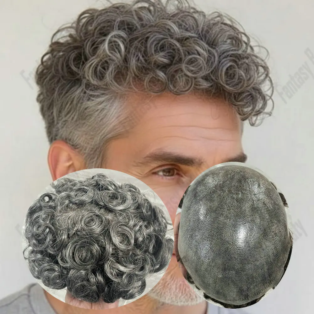 

Мужской парик-система из натуральных волос 20 мм, кудрявый, серо-черный (оттенок 1b65), с тонкой полиуретановой основой (PU), инъекционный, прочный, для мужчин