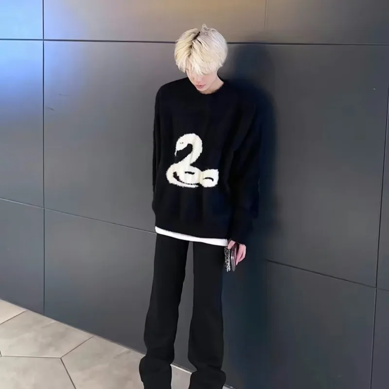 Retro Oversized Knitwear for Men Autumn Winter Large Size 300 Pou Couples round Ne Baseball Collar Long Sve Loose Fit