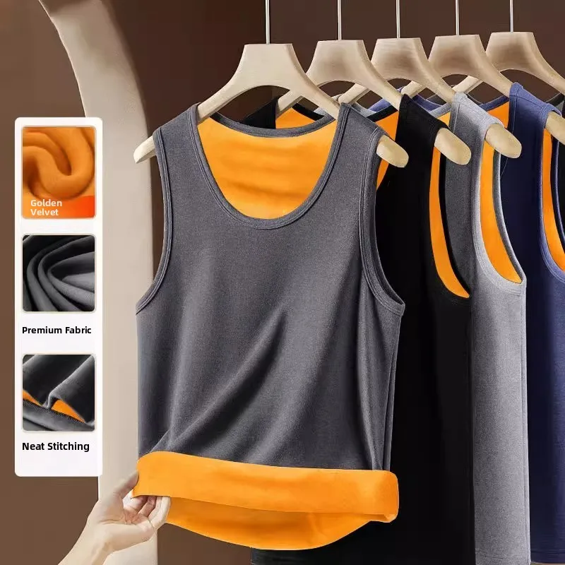 

Men's Gold Velvet Warmth Vest Sleeveless Fleece Lined Slim Fit Color Large Size Base Shirt Underwear Tank Top