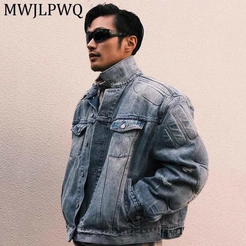 

Модная стильная мужская короткая джинсовая куртка MWJLPWQ в американском уличном стиле, с эффектом потертости, винтажная, с длинными рукавами, модель 14574