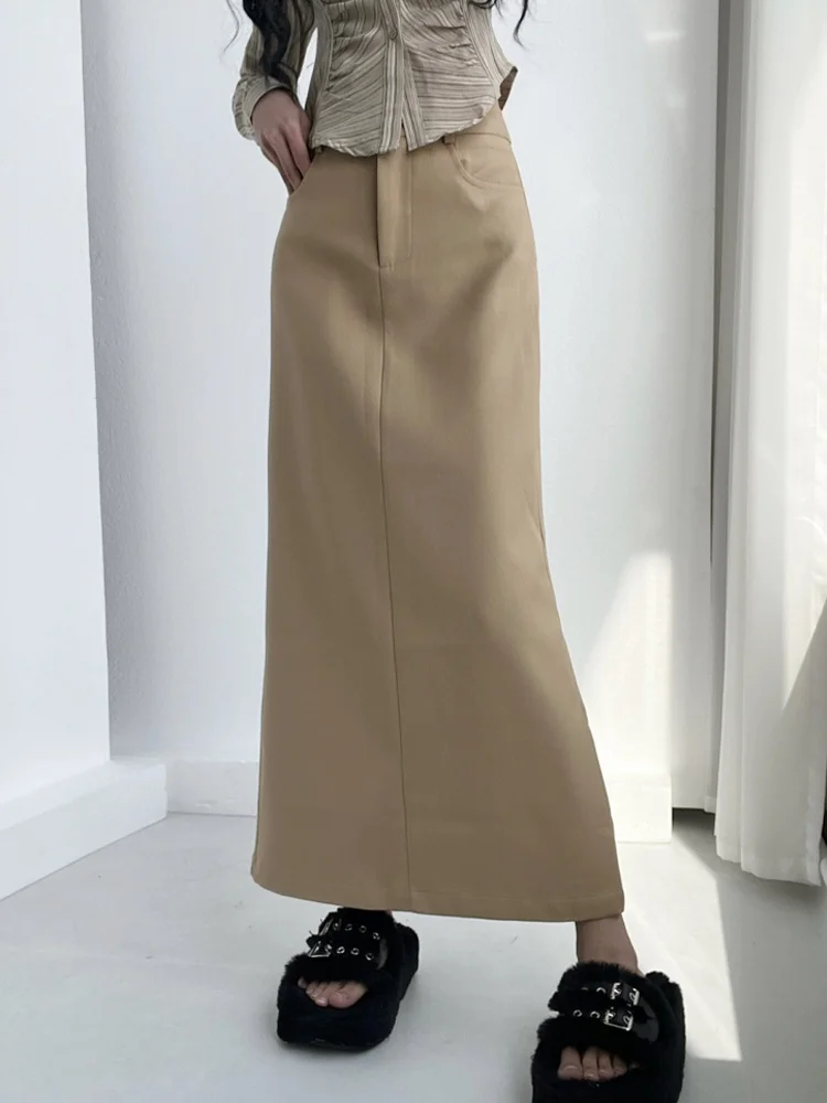 العالمي الكاكي ربيع جديد عالية الخصر ألف خط سبليت دعوى تنورة تنوعا مباراة تنورة طويلة لون نقي خطوة هملين تنانير للسيدات