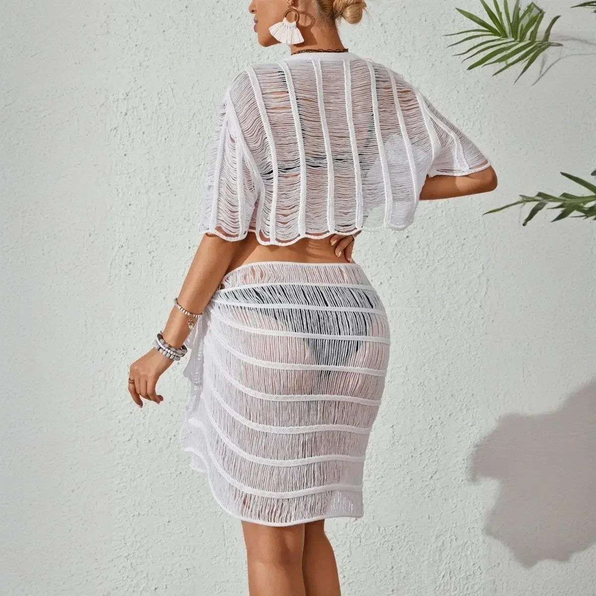 Sun Protection Knitted Bikini Set Women Solid Color Beach Casual Cover Up Smock Vacation Swimwear