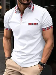 Camisa polo de manga curta de lapela de contraste de cor masculina, moda simples e fina, 2024