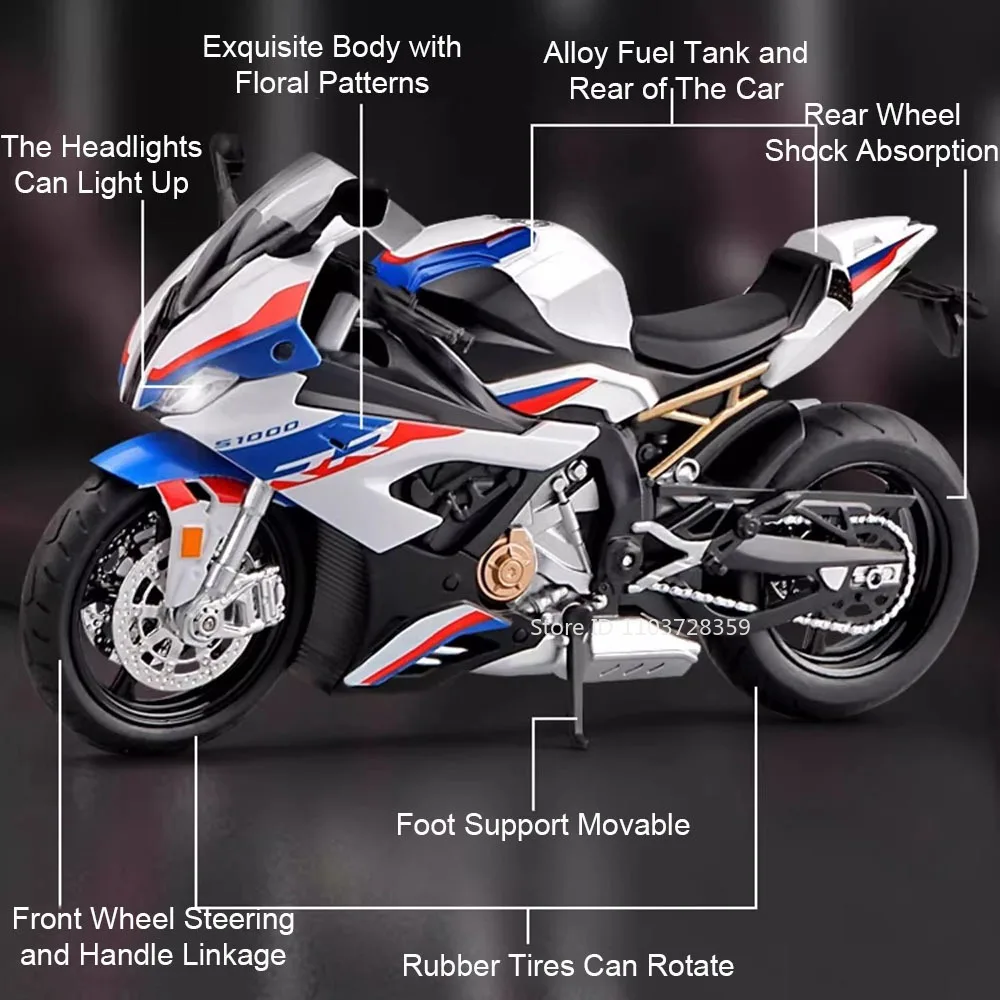 1:12 RRS1000 S1000RR Spielzeugmodell Motorräder Legierung Diecast Motorräder Stoßdämpfung Vorderrad Lenkung Gummireifen Jungen Geschenk – Detail 15