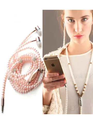 Pearl Necklace Earphones Pink rhinestone Jewelry Headphones With Microphone Earbuds for iPhone 14 Xiaomi Samsung Brithday Gift