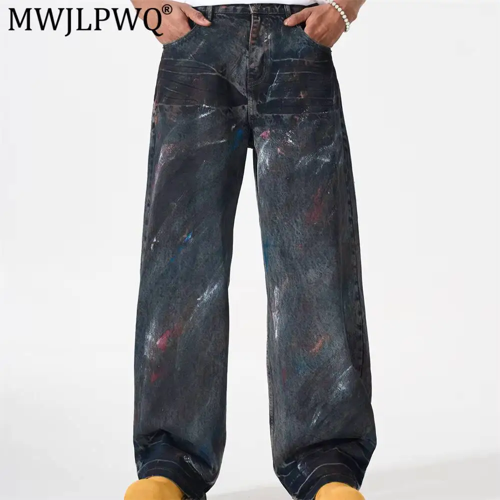 MWJLPWQ Paint-Splattered Graffiti Distressed Dirty Jeans Men Loose Wide-Leg Wasteland Punk Niche Casual Straight-Leg Pants 17292