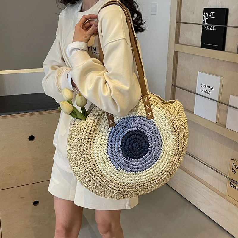 2024 Summer Handmade Bags For Women Large Capacity Beach Shoulder Bag Khaki Ladies Straw Bag Round Handbag Top Handle Totes