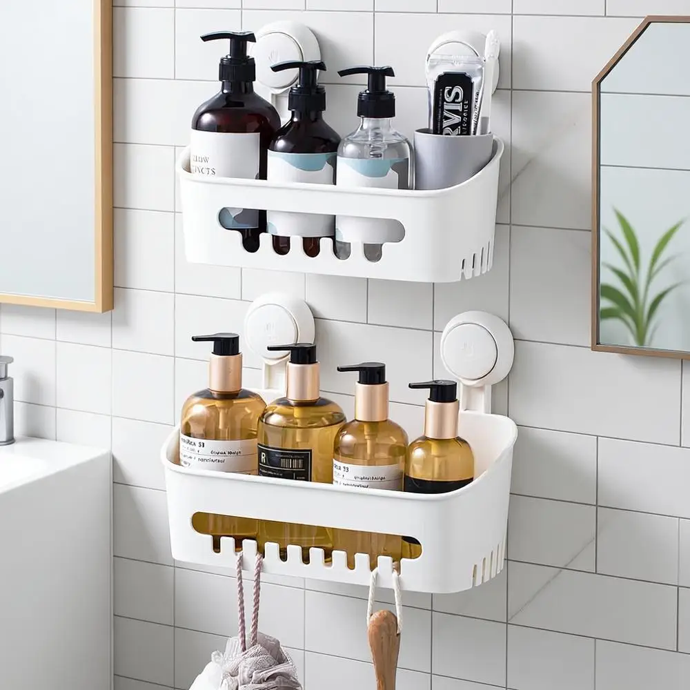 

Быстромонтируемый держатель для душа на присосках - 2 корзины, прочный органайзер, выдерживает до 10 кг, пластиковый органайзер для хранения в душе