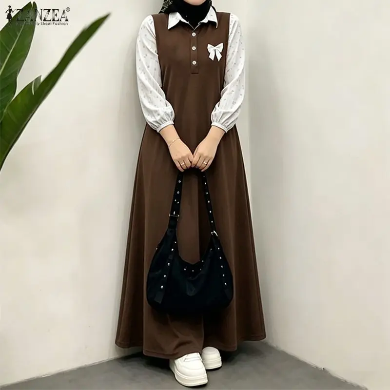 

Women's Muslim Modest Fashion Maxi Dress Half Buttons Collared Puff Sleeve Patchwork Long Dress ZANZEA Islamic Abaya Robes Femme