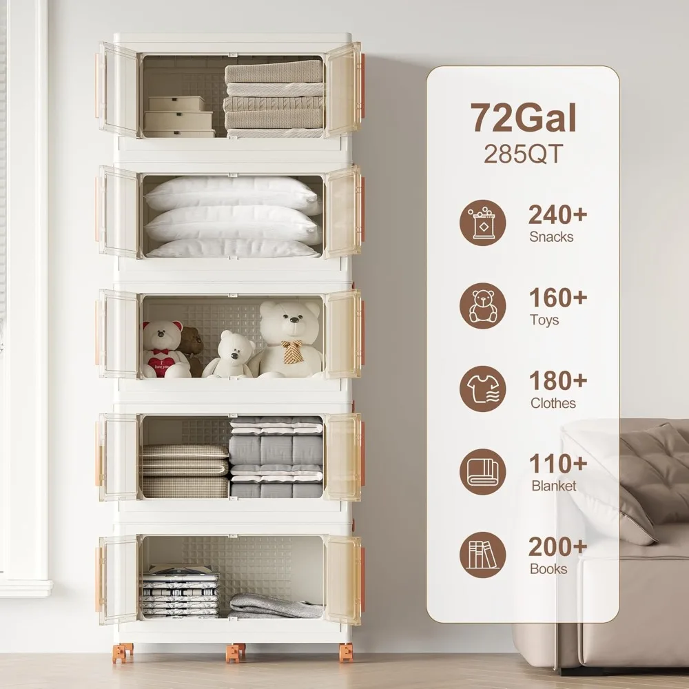 Contenitori portaoggetti pieghevoli impilabili da 285 Qt con coperchi e ruote, capacità di 72 galloni, cassetti organizer per armadi