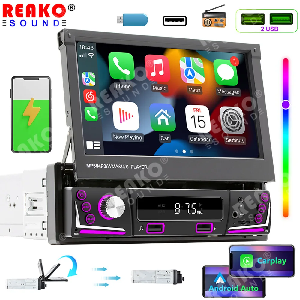 

1 Din Car Radio Retractable Screen Autoradio Universal Multimedia MP5 Player 7 Lights Carplay Android Auto Bluetooth Car Stereo