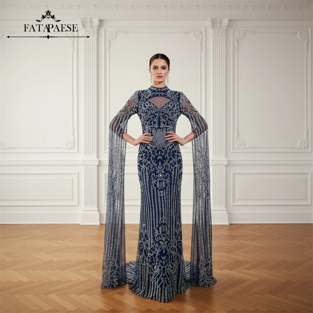 

FATAPAESE Middle East Cape Long Sleeve Prom Dresses 2026 Luxury Full Stones Mermaid Wedding Party Dress فساتين سهرة فاخرة
