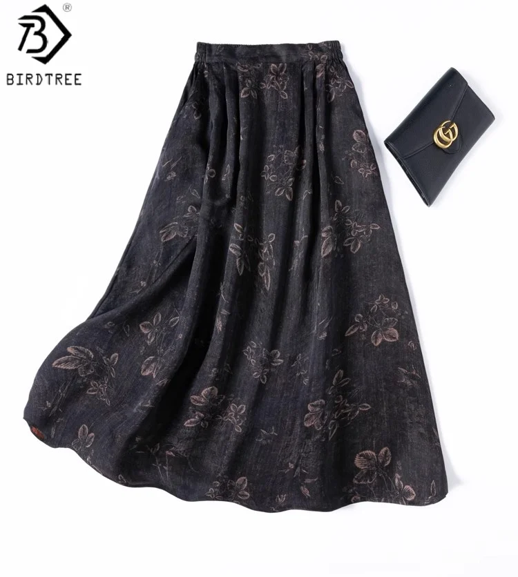 

Birdtree Summer 100% Mulberry Silk Black Skirt,Women Jacquard Elastic Waist Flower Printing Loose Dresses, 2025 New D57310JF