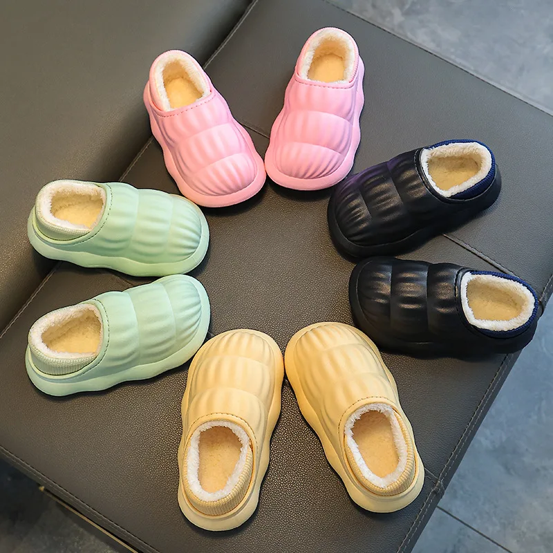 Children Indoor Slippers Autumn Winter Warm Cotton Shoes Cover Heel Solid Color Flip Flops Boys Girls Soft Non-slip Home Shoes