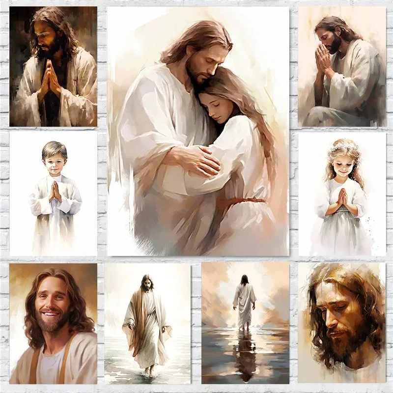 Póster de Jesús, niña, niño, cordero, abrazo de Cristo, arte de pared, imágenes, pintura en lienzo, habitación, guardería cristiana, decoración del hogar